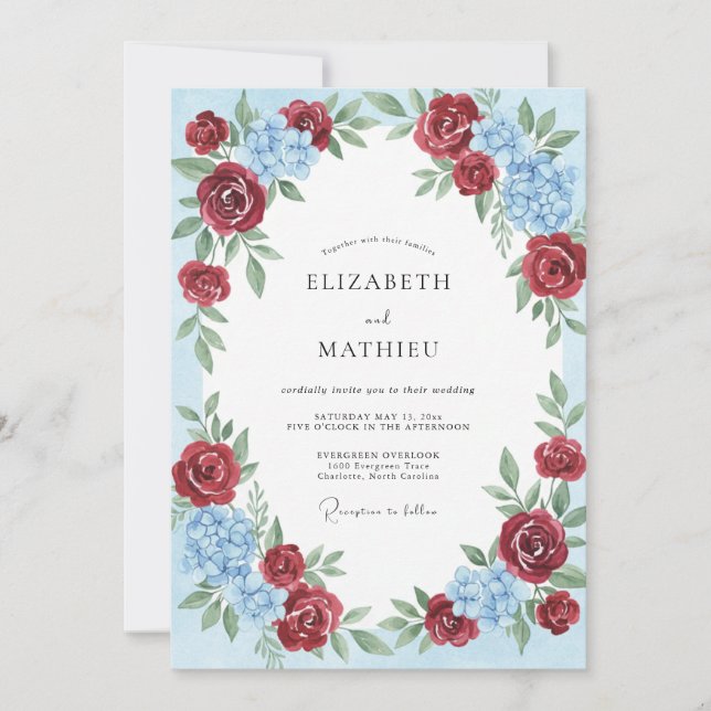 Invitación Boda Romántica Tradicional de Borgoña Azul (Anverso)