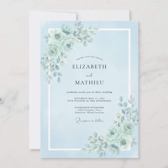 Invitación Boda Romántica Tranquila de Azul Polvo (Anverso)