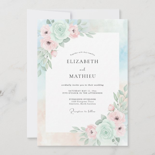 Invitación Boda Romántica Verde Menta (Anverso)