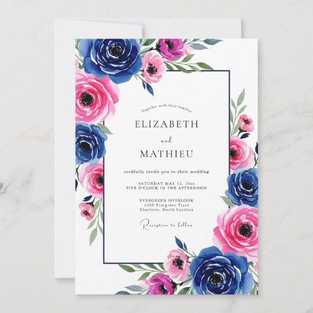 Invitación Boda Romántica Vibrante Azul Real (Anverso)