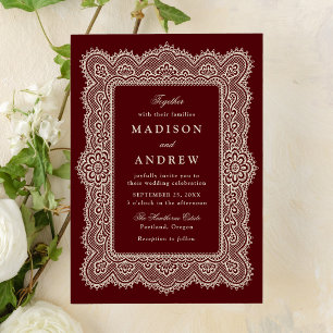 Invitación Boda Romántica Vintage Borgoña en Encaje