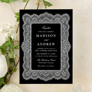 Invitación Boda Romántica Vintage de Encaje Negro y Blanco