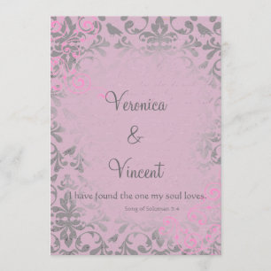 Invitación Boda romántica vintage en damasco gris y rosa