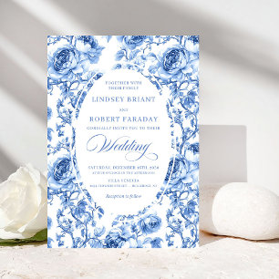 Invitación Boda Romántica Vintage Navy Toile de Jouy Rosas
