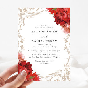 Invitación Boda romántica vintage roja floral elegante