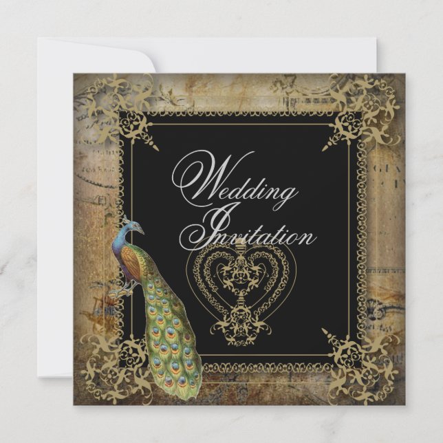 Invitación boda romántica vintage turquesa verde pavo real (Anverso)