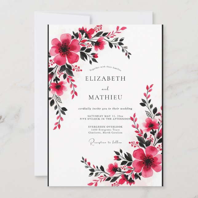 Invitación Boda Romántica Vivida de Fuchsia (Anverso)