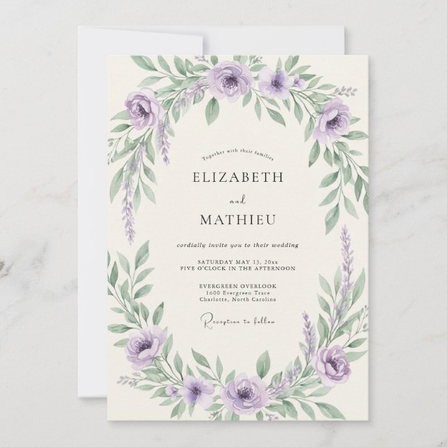 Invitación Boda romántica y aireada de lavanda (Anverso)