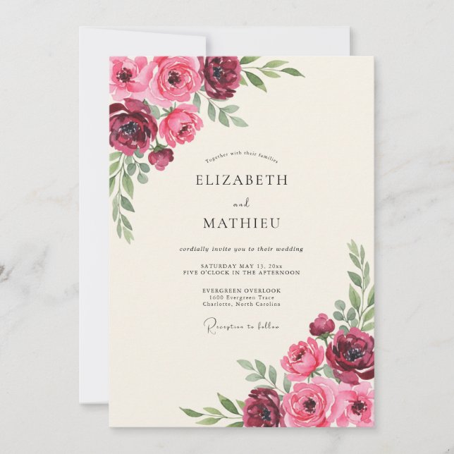 Invitación Boda Romántica y Elegante de Borgoña (Anverso)