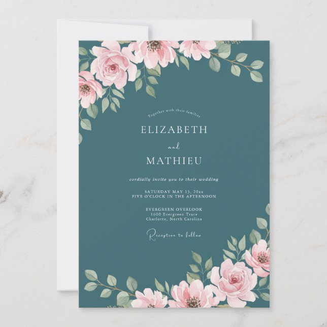 Invitación Boda Romántica y Elegante en Verde Azul (Anverso)