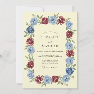 Invitación Boda Romántica y Lujosa en Azul Borgoña