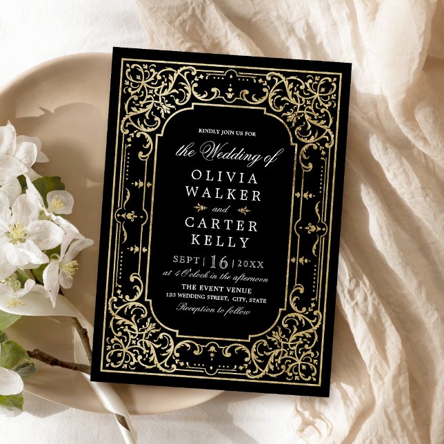 Invitación Boda romántica y romántica dorada negra (Black gold elegant ornate romantic vintage wedding invitation)