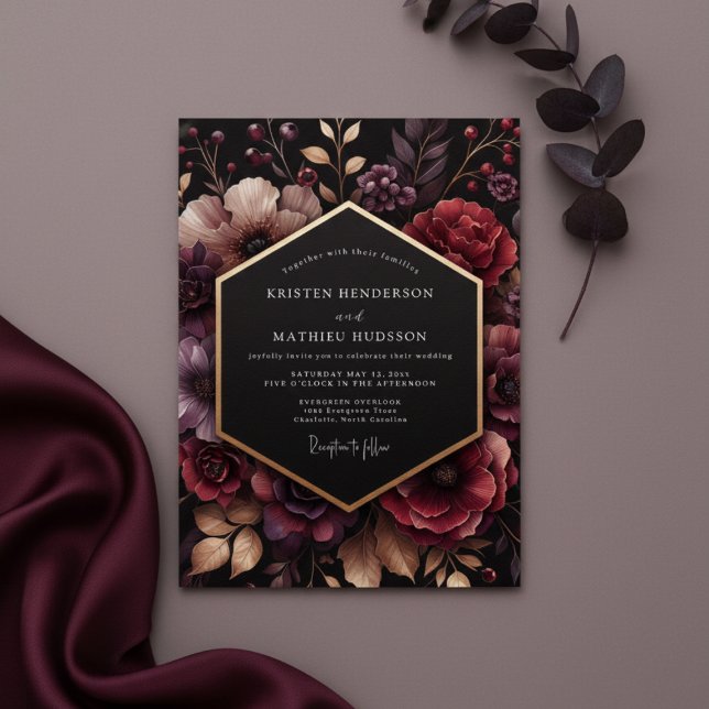 Invitación Boda Romántica y Sofisticada con Floral Borgoña (Subido por el creador)