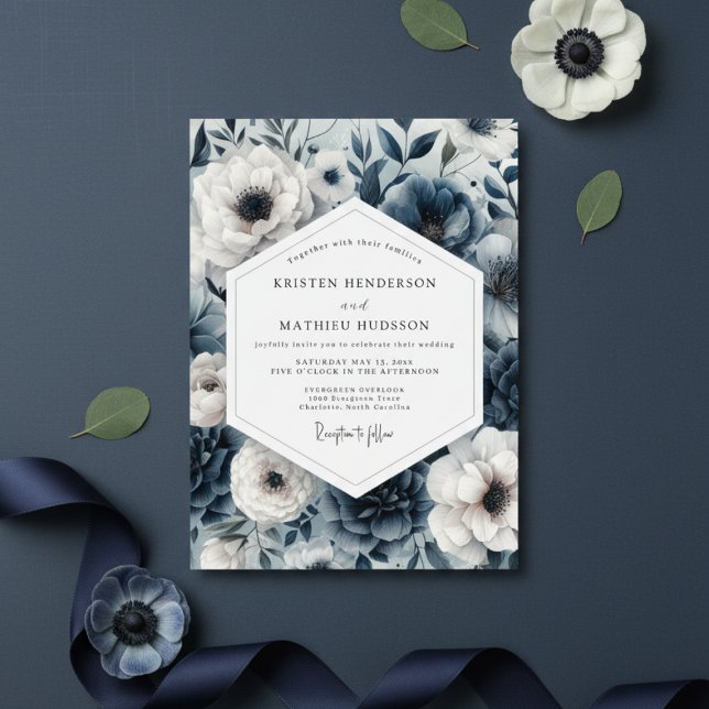 Invitación Boda romántica y temperamental de flores navales (Subido por el creador)