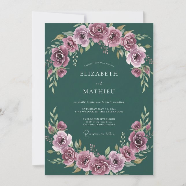Invitación Boda romántica y temperamental de verde esmeralda (Anverso)