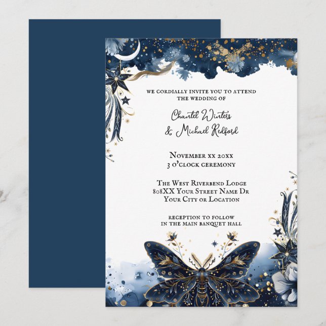 Invitación Boda romántico azul y polilla dorada de la marina  (Anverso / Reverso)