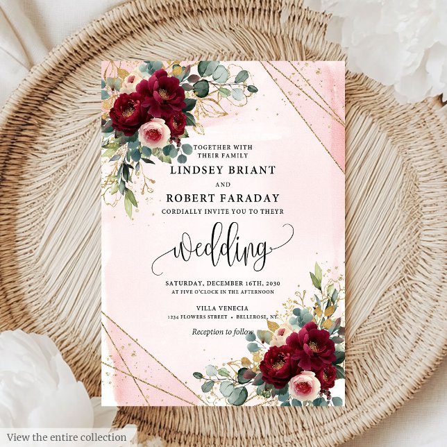 Invitación Boda romántico Boho Maroon Gold Rubor Flores (Romantic Boho Maroon Gold Blush Flowers Wedding Invitation )