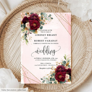 Invitación Boda romántico Boho Marsala Gold Rubor Flowers