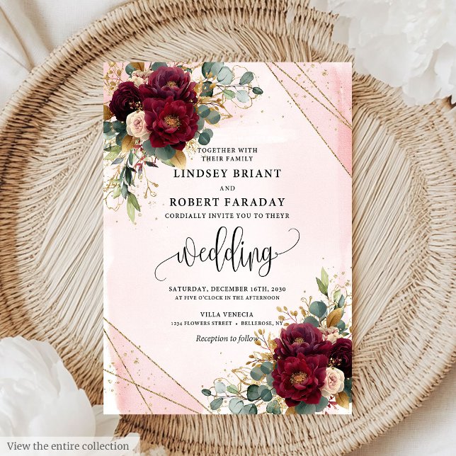 Invitación Boda romántico Boho Marsala Gold Rubor Flowers (Romantic Boho Marsala Gold Blush Flowers Wedding Invitation)