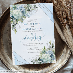 Invitación Boda romántico Boho Pastel Blue Silver Peonies