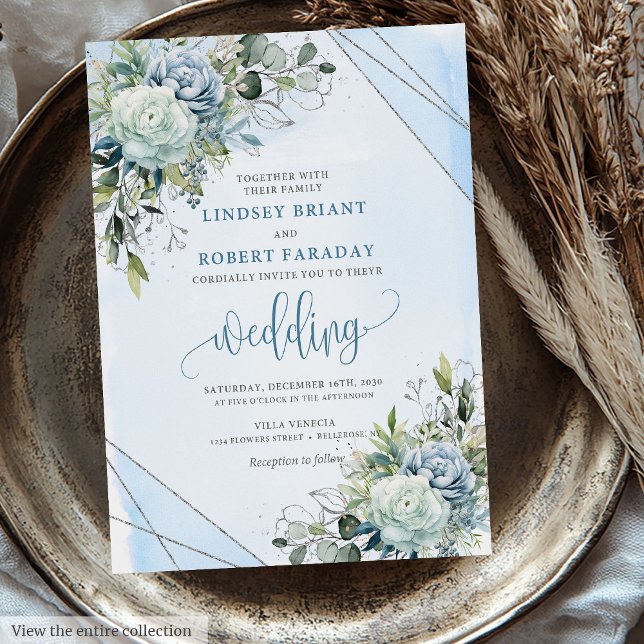 Invitación Boda romántico Boho Pastel Blue Silver Peonies (Romantic Boho Pastel Blue Silver Peonies Wedding Invitation)