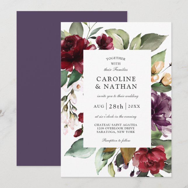 Invitación Boda romántico borgoñoso rojo y floral de ciruela (Anverso / Reverso)