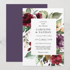 Invitación Boda romántico borgoñoso rojo y floral de ciruela