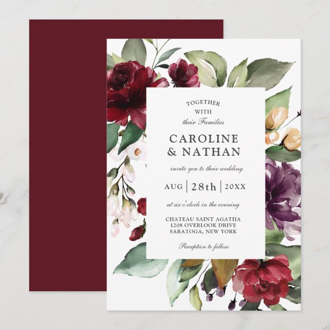 Invitación Boda romántico borgoñoso rojo y floral de ciruela (Anverso / Reverso)