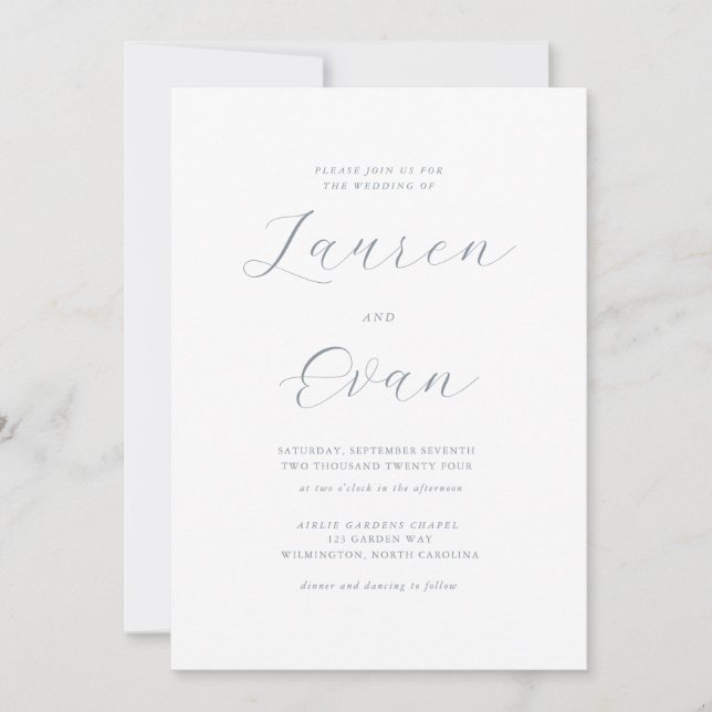 Invitación Boda romántico clásico elegante y gris azul (Anverso)