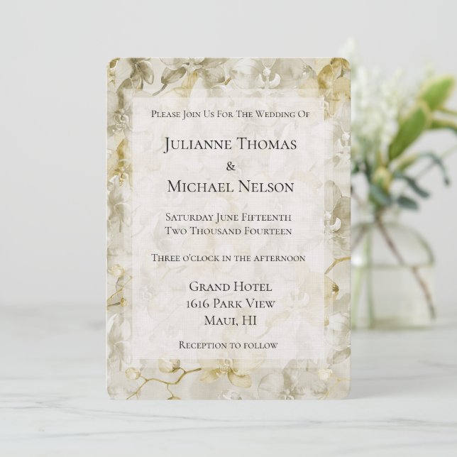 Invitación Boda romántico con flores de orquídeas de oro (Anverso de pie)