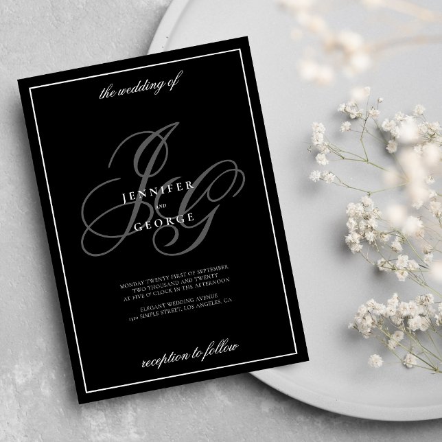 Invitación Boda romántico con iniciales en monograma blanco n (Black white monogram initials romantic wedding invitation )