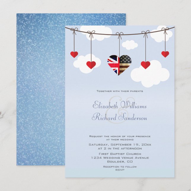 Invitación Boda Romántico Corazones Británico-Estadounidenses (Anverso / Reverso)