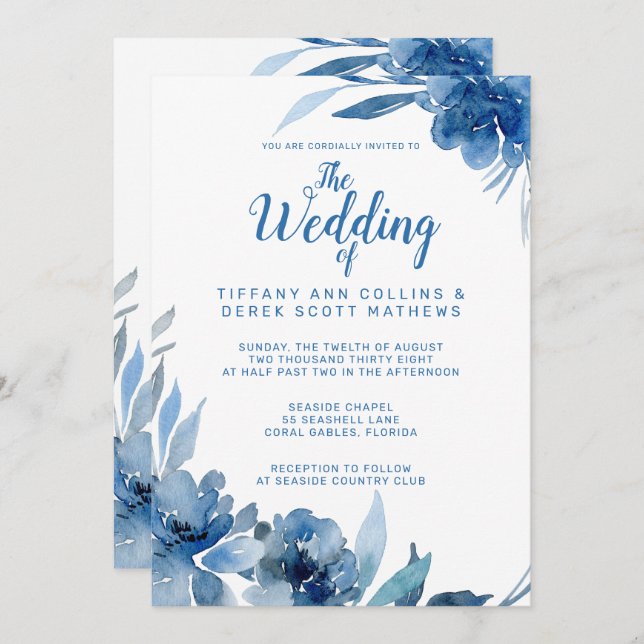 Invitación Boda romántico de acuarela azul marino (Anverso / Reverso)