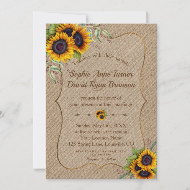 Invitación Boda Romántico de acuarela Sunflowers Burlap (Anverso)