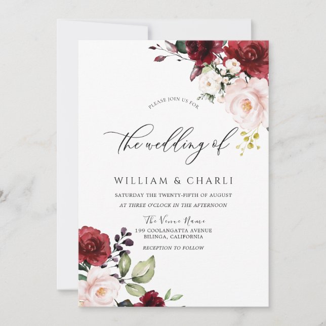 Invitación Boda Romántico de Burgundy Red Watercolor (Anverso)