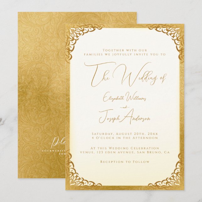 Invitación Boda Romántico de caligrafía de oro y Relieve meta (Anverso / Reverso)