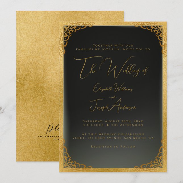Invitación Boda Romántico de caligrafía de oro y Relieve meta (Anverso / Reverso)
