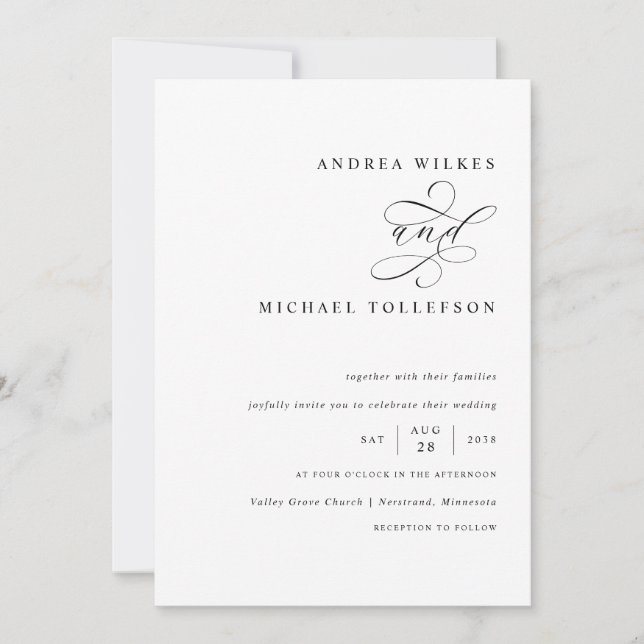 Invitación Boda romántico de caligrafía negra y blanca (Anverso)