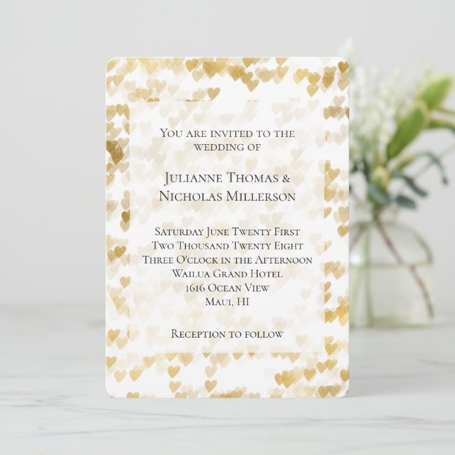 Invitación Boda Romántico de Corazones de Oro Blanco (Anverso de pie)