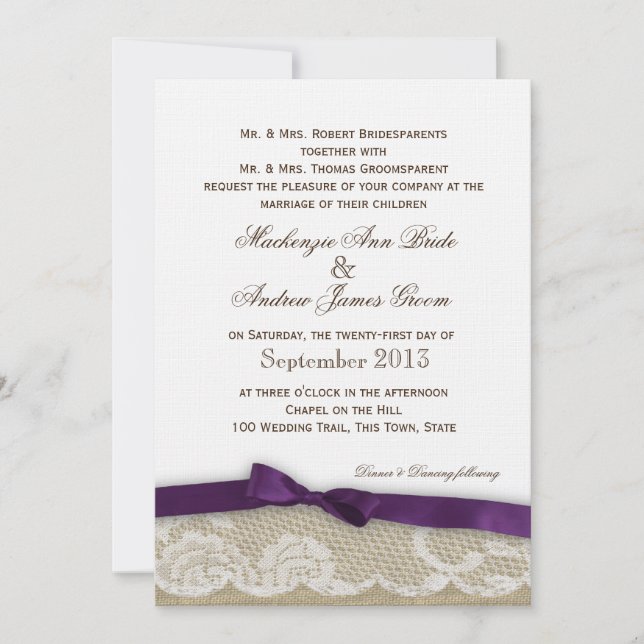 Invitación Boda Romántico de encaje y morado morado oscuro (Anverso)