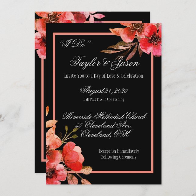 Invitación Boda romántico de escritura floral negra y Naranja (Anverso / Reverso)