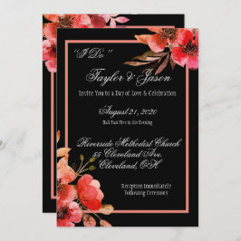 Invitación Boda romántico de escritura floral negra y Naranja