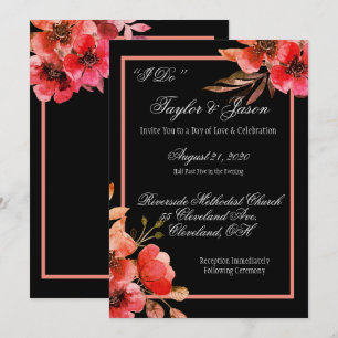 Invitación Boda romántico de escritura floral negra y Naranja