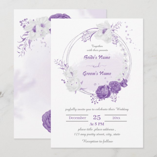 Invitación boda romántico de flor morada de guirnalda (Anverso / Reverso)