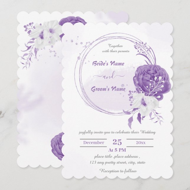 Invitación boda romántico de flor morada de guirnalda (Anverso / Reverso)