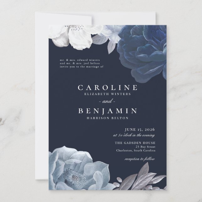 Invitación Boda romántico de hoja de plata floral azul median (Anverso)