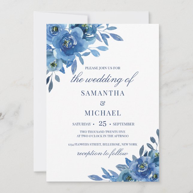Invitación boda romántico de invierno floral azul marina (Anverso)