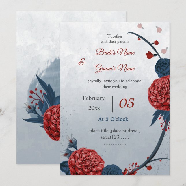 Invitación boda romántico de la marina y las flores borgoñosa (Anverso / Reverso)