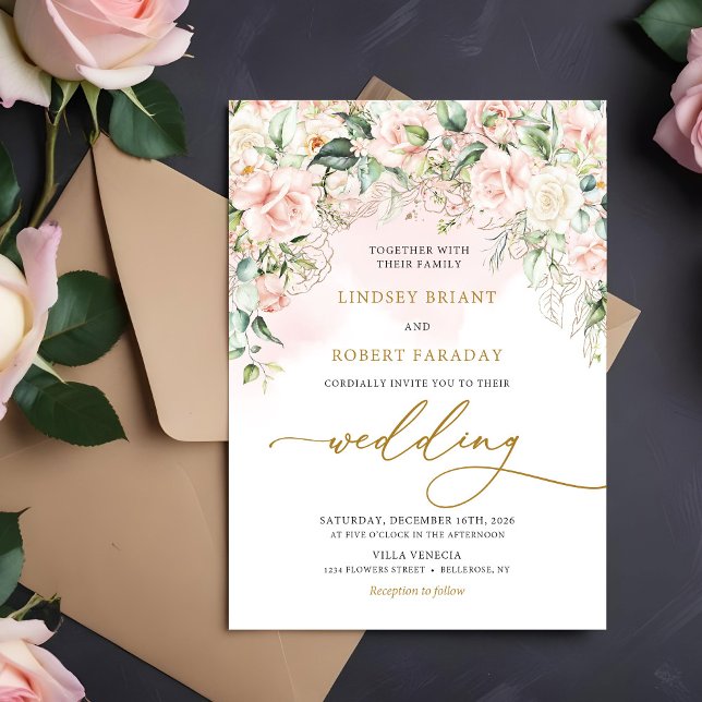 Invitación Boda romántico de las flores rosadas de Boho Rubor (Boho Blush pink floral eucalyptus gold wedding invitation digital )