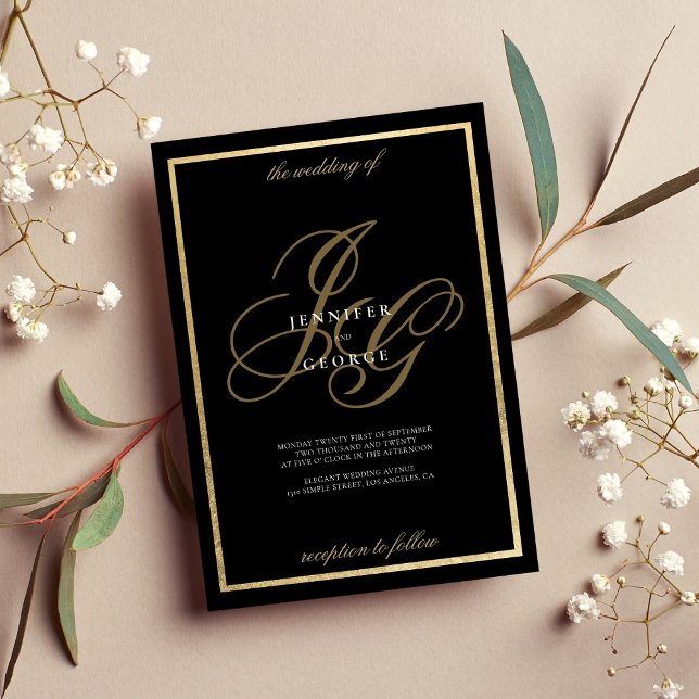 Invitación Boda romántico de las iniciales del monograma de o (Black gold monogram initials romantic wedding invitation)
